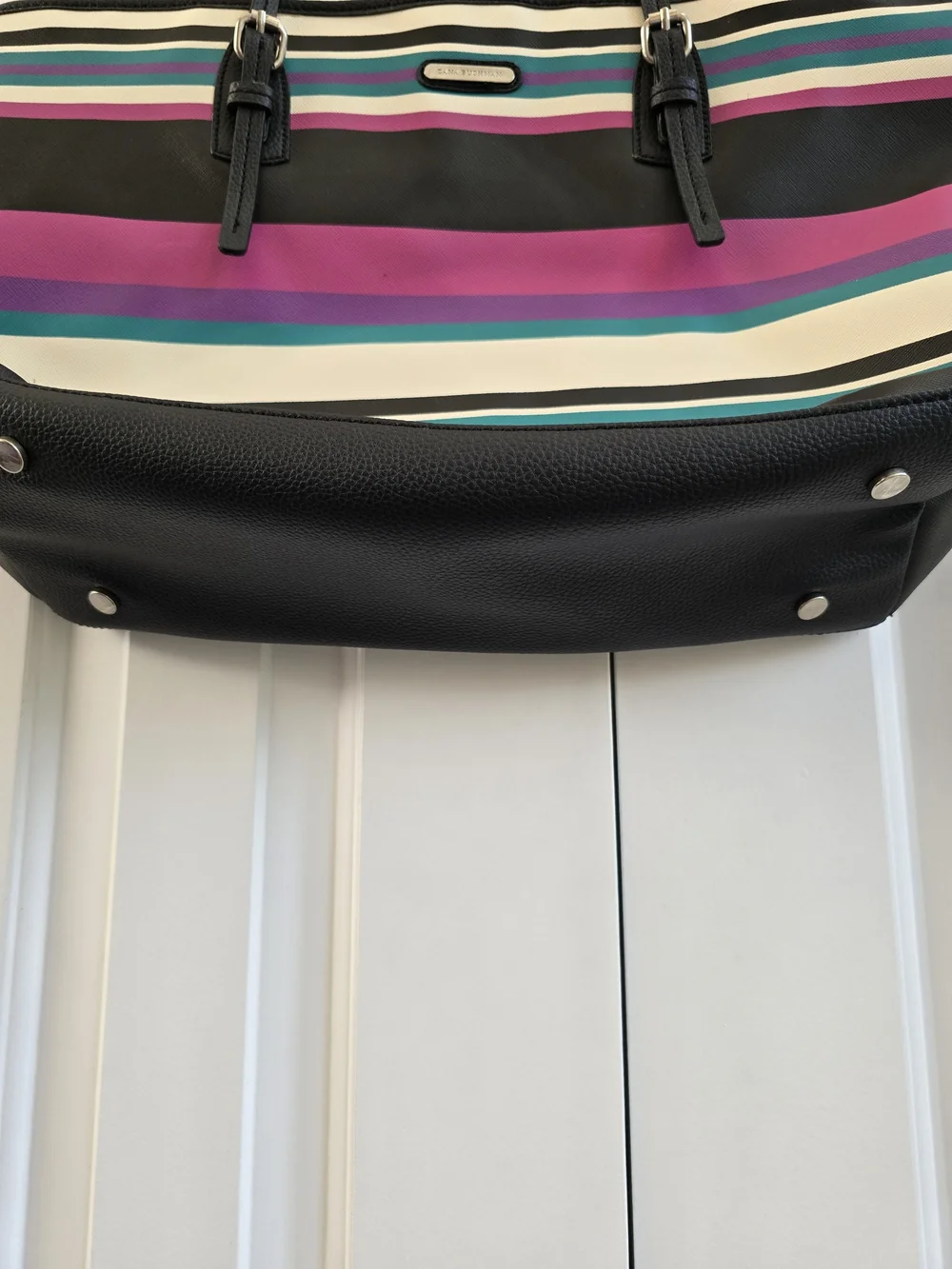 Dana Buchman Black Tote with Pink, Teal & Cream Stripes